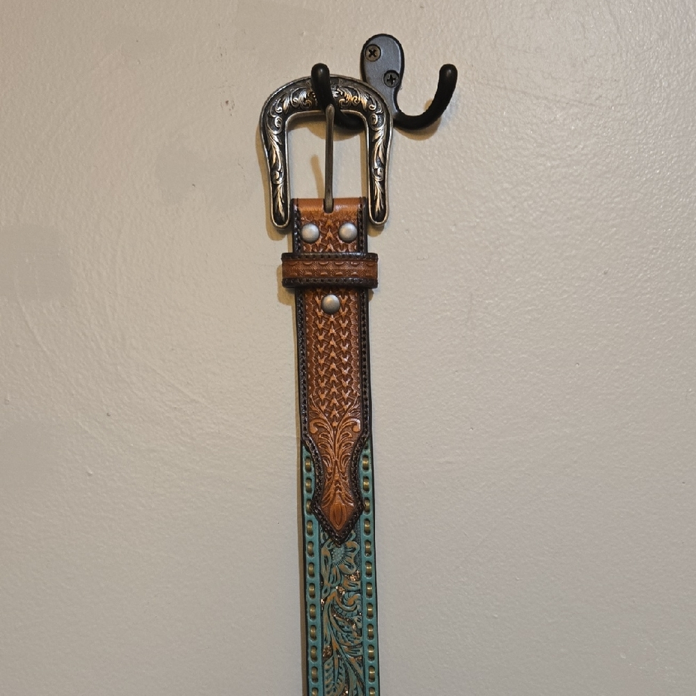 Elegant Brown and Teal Leather Belt